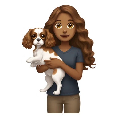  girl with long wavy brown hair, holding a brown and white cavalier King Charles spaniel dog with a pink bow on sticker