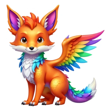 Animated Fox dragon hybrid with wings face front full body rainbow colored sticker