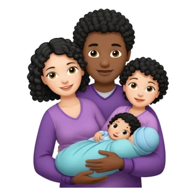family: white woman curly black hair, black man with short black frizz hair, one 2 y o daughter mixed skin color , and a newborn in the and of the mother sticker
