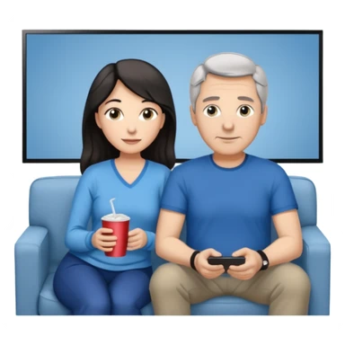 middle-aged couple Watches a movie in the living room • Physical description: • man: brown eyes; very short grayish-black hair • woman: Long wavy silver grayish-brown hair tied in a ponytail; blue eyes sticker