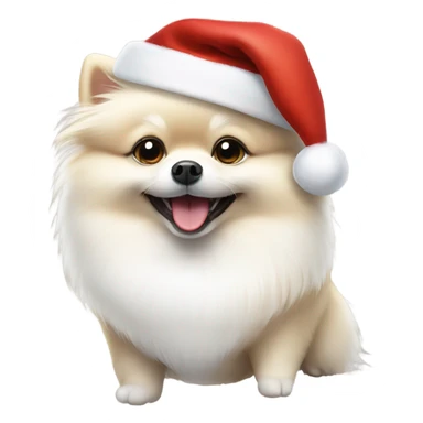 white pomeranian dog smiling with a christmas hat sticker