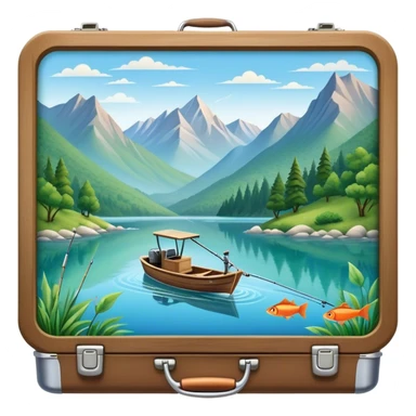 Icon for Fishing Travel: a boat on a calm lake surrounded by mountains and lush greenery, with fish jumping out of the water, a fishing rod, tackle box. The icon should capture the peaceful and adventurous nature of fishing trips. Transparent background. sticker