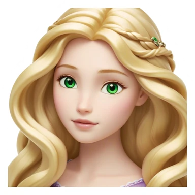 Cinematic Realistic Rapunzel Portrait, with porcelain-like skin featuring a subtle, natural glow, illuminated by soft lighting that brings out the gentle contours of her face. Her long, golden blonde hair cascades in detailed waves, each strand highlighted with a radiant shimmer as it catches the light. Her bright, expressive green eyes exude curiosity and warmth, framed by delicate lashes and soft, arched brows. Her expression is playful and vibrant, with a gentle smile. She is dressed in her classic lavender and pink gown, the fabric textured with delicate folds that flow naturally, catching the light with a soft, radiant glow. The portrait captures a luminous, enchanting aura, seamlessly blending realism with a whimsical, fairytale charm, evoking a timeless sense of beauty and magic. sticker