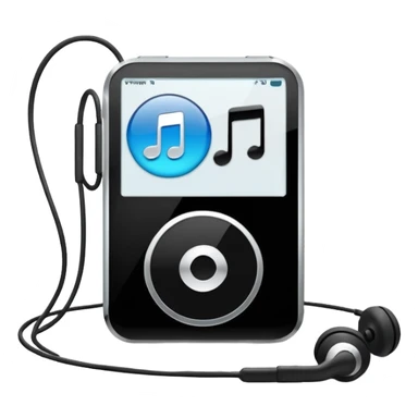 Futuristic iPod emoji with earphones, metallic black and white, smooth reflective surfaces, flat minimal vector design, clean UI style sticker