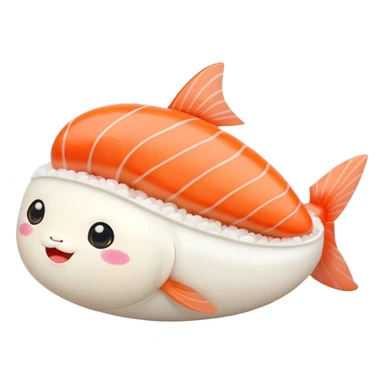 Cute Kawaii Nigiri Sushi, plump and happy, a soft white rice pillow topped with bright orange salmon, tiny blushing cheeks, big round eyes, a joyful floating expression! sticker
