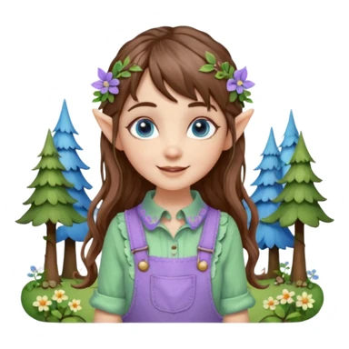 Kind happy whimsical quirky Girl toymaker, wood carving elf. Woodland nature creator. Blue eyes. brown hair (short — inch longer than chin length) wavy hair & bangs. Whimsical playful cute. Overalls with nature embroidered cute shirt collar. Light green, light purple and light blue colour aesthetic  sticker