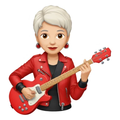 guitar rock player, elder woman head, red jacket sticker