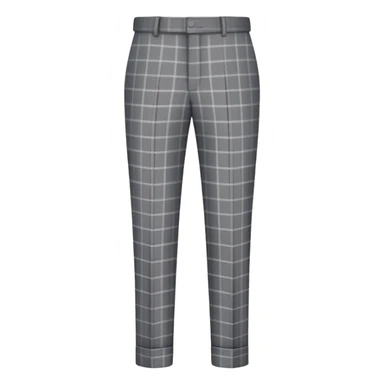 only the garment, gray dress pants with white grid pattern, plaid check pattern, formal trousers with cuffed hem, isolated item on white background, no model, no person sticker
