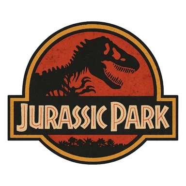 A classic Jurassic Park logo with a dinosaur skeleton silhouette, bold and iconic design, strong contrast, vintage style sticker