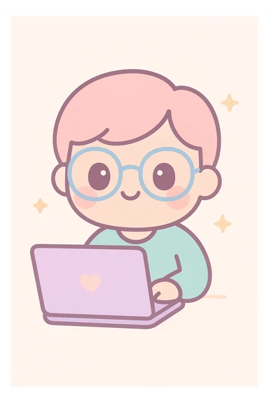 IT nerd with glasses using a laptop, playful, kawaii style sticker