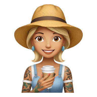 Tattooed lady in sunhat holding coffee cup sticker