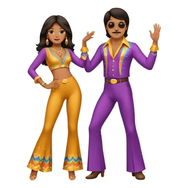 hombre y mujer bailando con ropa de disco de los 70s ambos con pantalones largos, ambos de pelo oscuro sticker