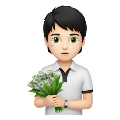 generate a pretty fair bratz boy with a messy mullet (black hair), wearing a white polo.  carrying a bouquet made of money sticker
