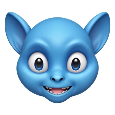 round emoji head of blue alien with floppy ears, sharp teeth, wide eyes, mischievous smile, vibrant, cartoonish, 3D style, soft shading, bold outlines sticker