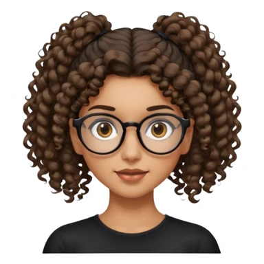 un chica con pelo rizado tiene hecha una coleta y con dos rizos sueltos en la parte de alante que le llega hasta el cuello. luego pil un poco morena ojos marrones y tiene gafas negras y son exagonales pero un poco redondeadas. sticker