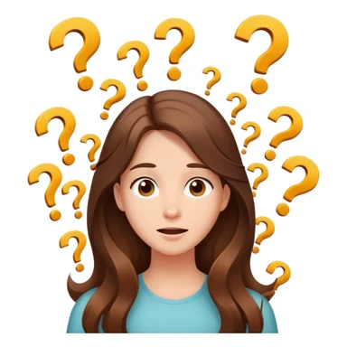 Happy Confused girl with long brown hair surrounded by floating question marks elegant cute  sticker