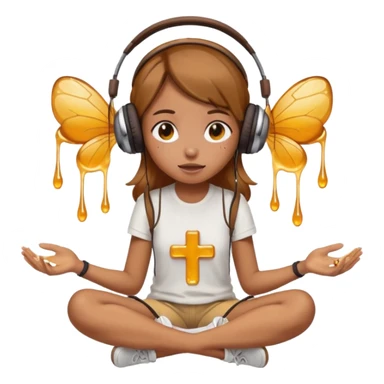 This girl(🧘🏻‍♀️) is sitting cross-legged in a meditation pose, wearing headphones(🎧) and listening to music. The song is so good that honey is dripping from her ears, and her expression is completely dazed because she’s enjoying the music so much. sticker