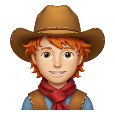 a wavy orange hair boy wearing a cowboy hat with a mischievous grin and freckles with western red scarf on his neck sticker