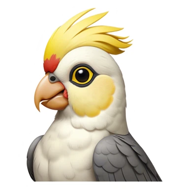 Cinematic Noble Cockatiel Portrait Emoji, Poised and regal, with a slender, delicate build and a beautifully groomed grey fur accented by vibrant yellow cheek patches and a graceful crest, deep-set soulful dark eyes, Simplified yet sharp and sophisticated features, highly detailed, glowing with a soft, dignified glow, high shine, intelligent and charming, stylized with an air of elegance, focused and attentive, soft glowing outline, capturing the essence of a watchful and confident avian companion, so majestic it feels as though it could flutter out of the screen with effortless authority! sticker