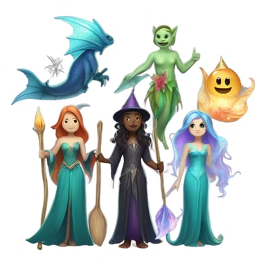 A group of 5 friends, consisting of a female witch, a female wizard, a male merman, a female fairy, and a female siren sticker