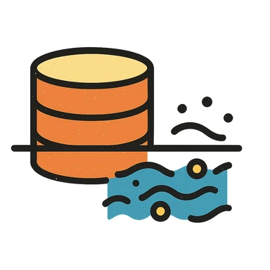 abstract minimalist icon of stacked disks partially submerged below a horizontal line representing underground, with flowing abstract data streams of lines, dots, or waves, worn and distressed effect sticker