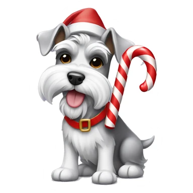 White and grey schnauzer wearing an elf costume holding a candy cane in its mouth sticker