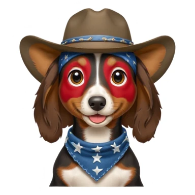 mostly black with some brown long hair daschund with a cowboy hat, ears curl out a bit and bandana and tongue slightly out sticker