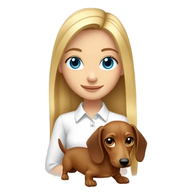 a blonde girl with medium straight hair and blue eyes wearing white shirt and holding her brown dachshund sticker
