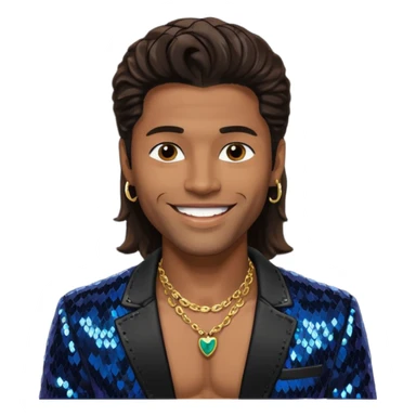 Eric Benét with long dark brown hair, black sequin jacket, shirtless with necklace sticker