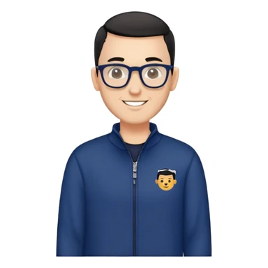 Fair-skinned man with extremely short black hair (very close buzz cut), short salt and pepper beard, large black-framed glasses, smiling, wearing navy blue long sleeve zip sweatshirt sticker