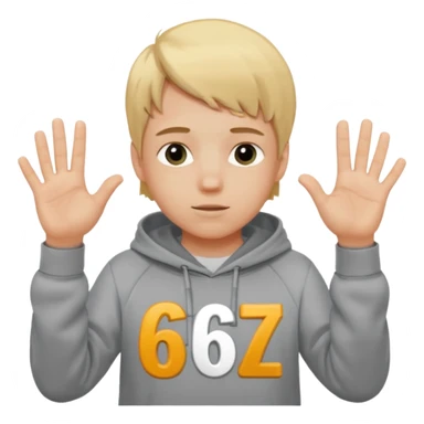 a white kid blone hair with a grey hoodie and his above his hands saying 67 one 6 on 1 hand 7 on the other sticker