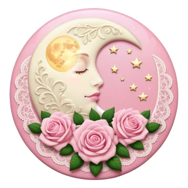A round pink button with light cream damask lace, a full moon and stars and pink roses sticker