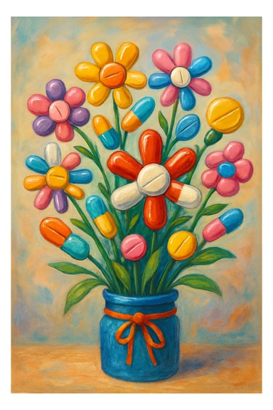 a bouquet where each flower is a different type of pill, lively and imaginative sticker