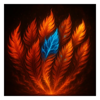 Combine all six fiery phoenix feathers into a single set, arranged in a visually pleasing arc or fan shape. The composition should be vibrant and magical with consistent and harmonious backgrounds across all images. Maintain the fiery and mystical essence of the feathers. sticker
