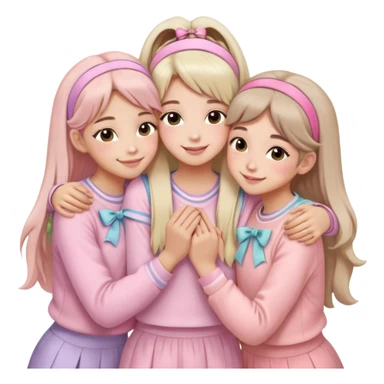Four girls hugging each other, all wearing soft pink clothes, two with long hair and two with shoulder-length short hair, smiling, with hair accessories like headbands or ribbons, pastel color palette, soft shading, make someone pose with two fingers and someone kisses his cheek sticker
