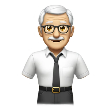 An elderly English man with a kind and dignified appearance, wearing thin-framed glasses. He has neatly combed grey hair and a clean-shaven face with no moustache or beard. He is dressed in a crisp white smart polo shirt with black buttons, sticker