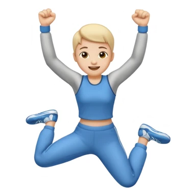 Emoji-style person jumping with fist up, excited expression, rounded cute style, soft shading, sticker