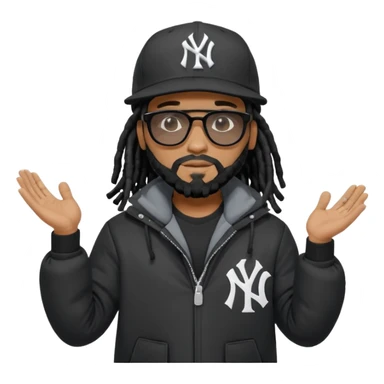 African American man with shoulder length black dreadlocks with black beard wearing black sunglasses wearing a black New York Yankees logo baseball cap wearing a black bubble winter coat with hands out in balancing position sticker