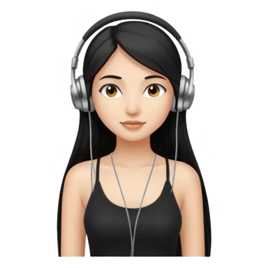 a fair INDIAN girl with straight black long hair, wearing a black cami top. and wearing silver  headphones on sticker