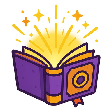 animated icon of a spellbook opening with sparkles and light, whimsical and enchanting sticker