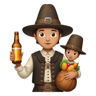 Mexican mandressesd as  pilgram Thanksgiving holding a Turkey drumstick and a bottle beer sticker