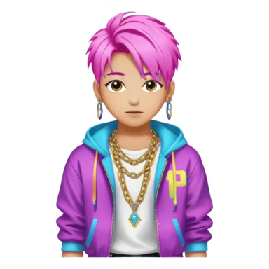portrait of young idol in Kpop style, wearing flashy streetwear outfit, colorful dyed hair, confident pose, accessorized with chains  sticker