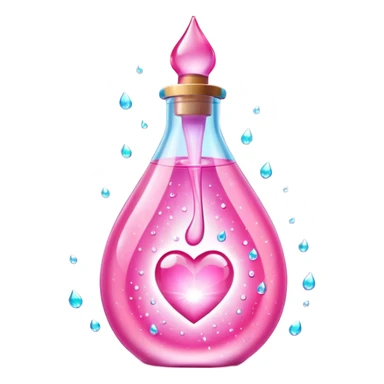 Pink teardrop-shaped glass bottle with rounded pump, glowing with iridescent light. Surrounded by sparkling dew drops, soft heart-shaped flares, and floating. Emits a radiant pink aura that glows like sunrise on skin. Feels like a glamour spell bottled into a juicy, glossy emoji flask. sticker