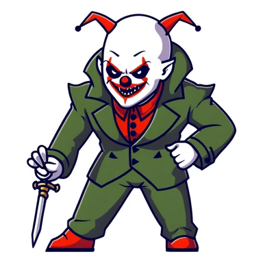 evil clown warrior, bald, small black satan-like horns on forehead, fangs, pointed ears, eye patch over one eye, long coat over black and military green leisure suit with bellbottom pants, realistically proportioned, less bulky, full body, battle-ready fighting posture sticker