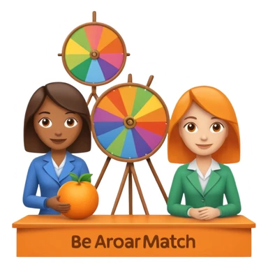 emoji of a recruitment booth. Two cartoon figures stand behind an orange table with 'MARROW, be a match' branding, a colorful spinning wheel, and a branded vertical banner. Simplified and cute. There should not be fruit in the picture.  sticker