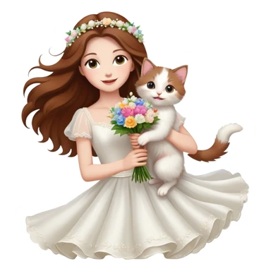 White woman - long hair - white wedding dress - holding a kitten - happy - jumping - fashionable - elegant - bouquet - dreamy - colorful - pearl accessories sticker