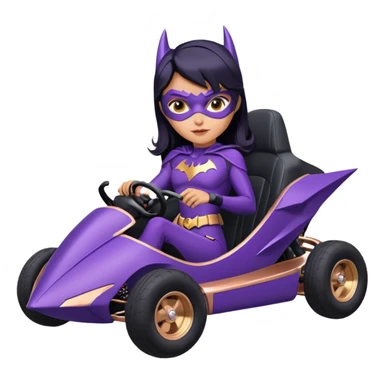 Hot full size real-appearance racing action BatGirl’s Lego feminine midnight-purple tight outfit sixty’s tv show 1992 stealthy retro sporty petite off-road pursuit hovering hover cruiser car rose gold accents (black hair,reclined and relaxed seating position) go kart sticker