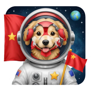 golden retriever in space suit holding red rectangle flag sticker