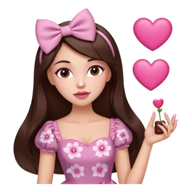 Chocolate brown clothes emoji, inspired with brunette hair, brown eyes, long hair, heart shape lips and pink make up  and pink nails, mauve pink blush and floral pink dress, half up hair with white bow peaking on the sides, white heels  sticker