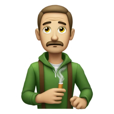 tired man smoking skinny brown cigarette with green at the end sticker